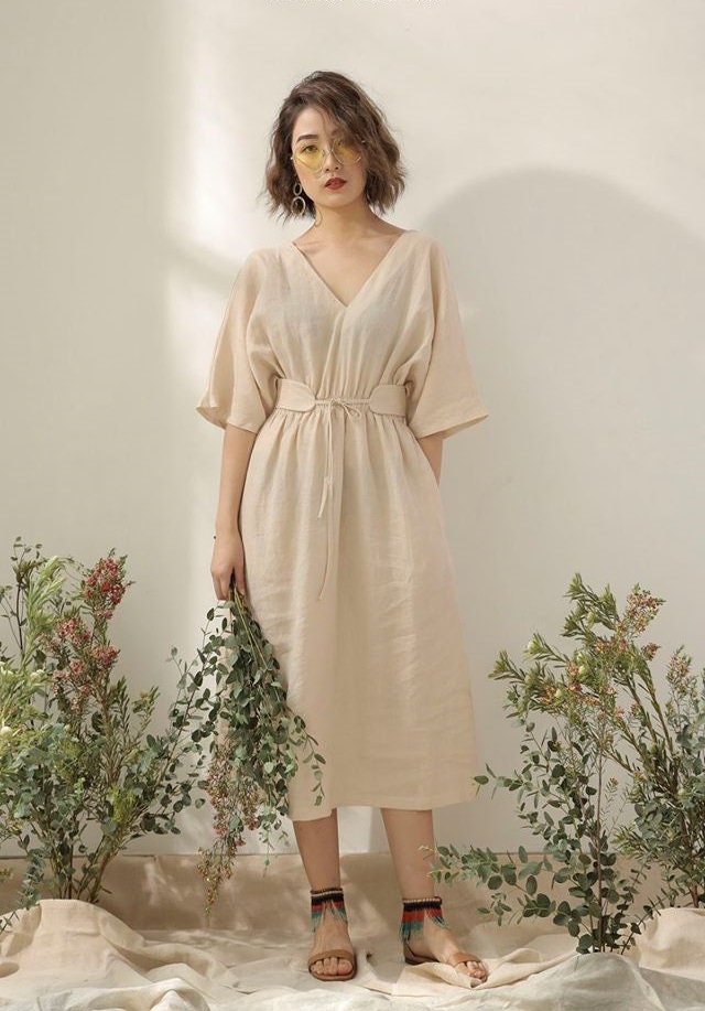 Women's Linen Midi Dress  Half Sleeve V-Neck Casual Cotton Linen Dress,  Comfy & Breezy For Summer 2024 Summer Casual Dress