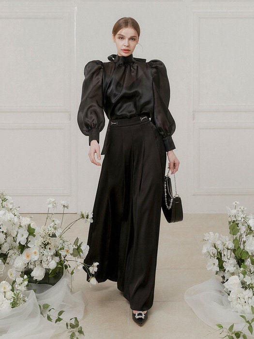 Victorian Organza Blouse With Tie Neck, Bishop Long-sleeve