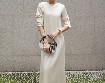 Simple Long Sleeve Round Neck Maxi Dress, Relaxed Fit Elegant Dress for Wedding Guest, Casual Event Outfit