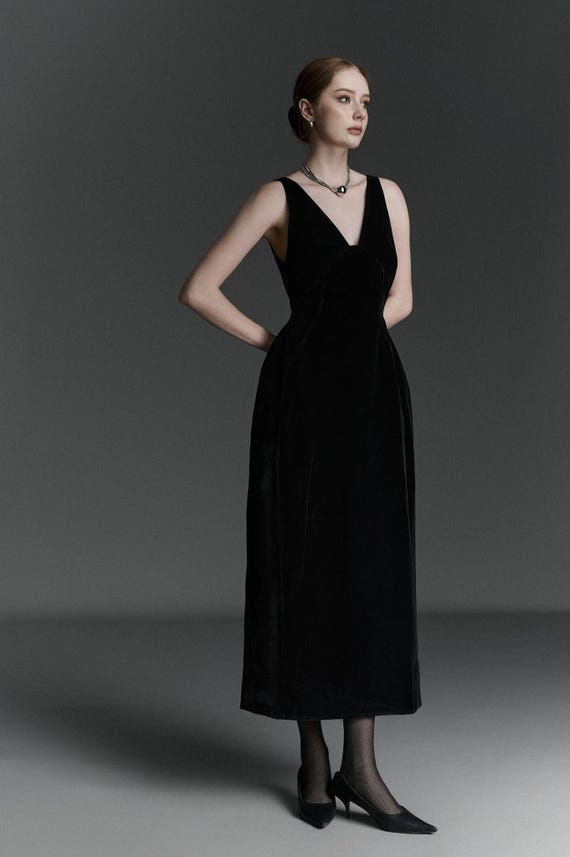 Women Velvet Vintage Dress, Tea Length Dress, Sleeveless Dress, A Line Dress, V Neckline Black Dress, Wedding Guest Midi Dress, Swing Dress - Etsy Women Velvet Vintage Dress, Tea Length Dress, Sleeveless Dress, A Line Dress, V Neckline Black Dress, Wedding Guest Midi Dress, Swing Dress - Etsy