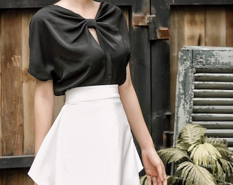 Top con apertura a goccia per donna - Camicia ampia in seta a maniche corte - Camicetta romantica in seta - Camicetta estiva in seta - Camicetta da ufficio in seta per donna