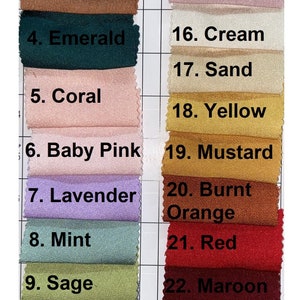 May include: Swatch card with 25 fabric samples in various colors, including teal, mocha, brown, emerald, coral, baby pink, lavender, mint, sage, dusty blue, moss, purple, black, white, pink, cream, sand, yellow, mustard, burnt orange, red, maroon, baby blue, hot pink, and dark navy.