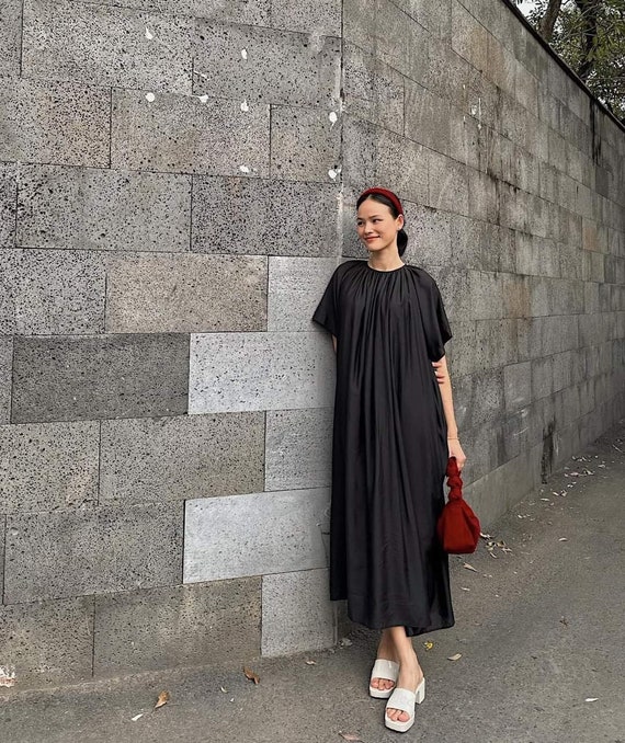 maternity black satin dress PinkBlush Black Satin Smocked Fitted Maternity Midi Dress Small
