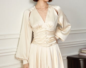 V Neckline silk dress/ wedding guest silk/A line Silk short dress/Peasant long sleeves/Button up dress/Club party dress/Summer silk dress