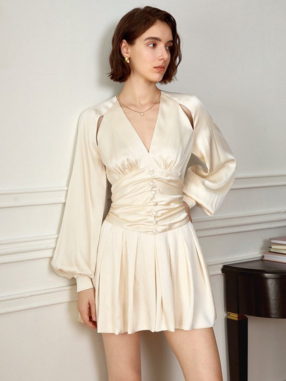V Neckline Silk Dress/ Wedding Guest Silk/a Line Silk Short Dress/peasant  Long Sleeves/button up Dress/club Party Dress/summer Silk Dress - Etsy