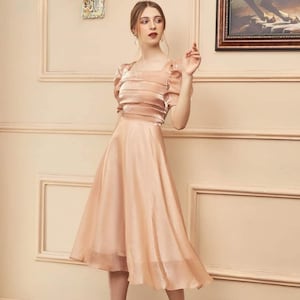 Wedding Guest Midi Dress - Tight Waist Silk Dress - Short Sleeve Silk Dress - Beautiful Silk Midi Dress - Pleated Silk Dress