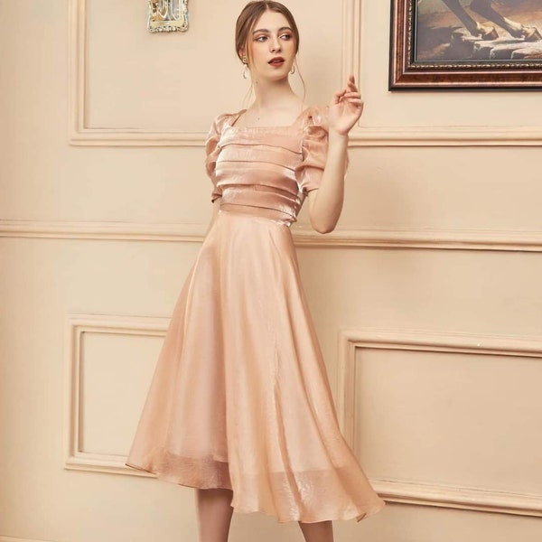 Robe midi pour invitée à un mariage - Robe en soie à taille ajustée - Robe en soie à manches courtes - Belle robe midi en soie - Robe plissée en soie