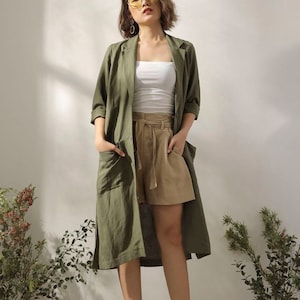 Leinen Duster - Leinen Strickjacke - Frauen Leinen Mantel mit Taschen - Leinen Oberbekleidung - Leinen Trenchcoat in Moos Farbe