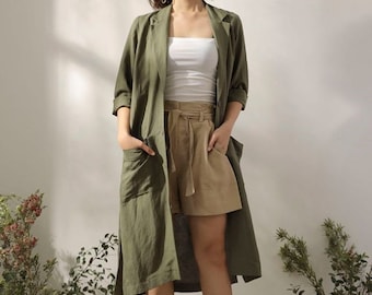 Linen Duster - Linen Cardigan - Women Linen Coat with Pockets - Linen Outerwear - Linen Trench Coat in Moss Color