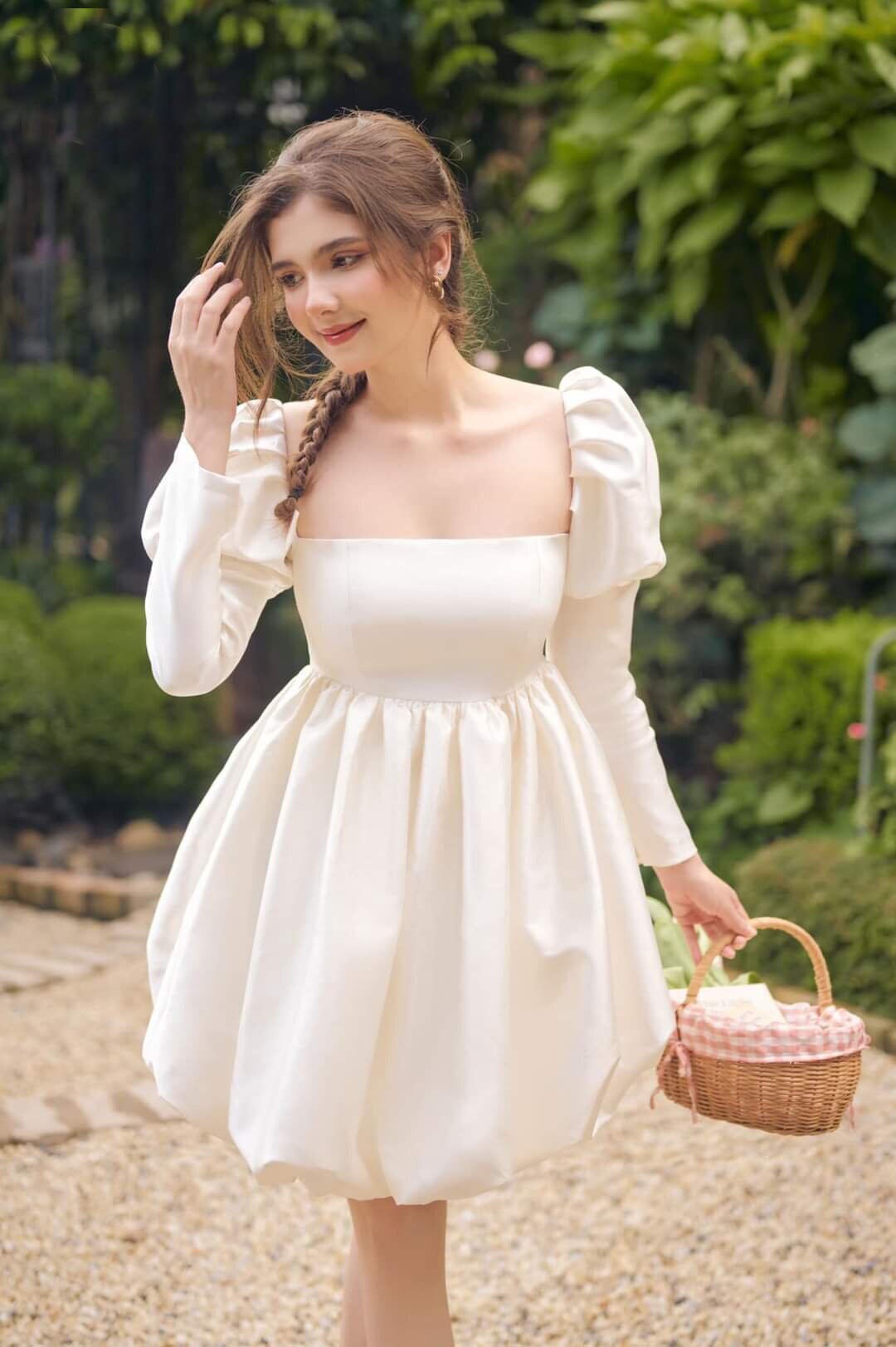 Women's Casual Square Neck Puff Short Sleeve Dress Bubble