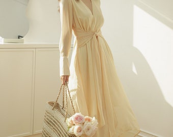 Long Bishop Sleeve Chiffon Maxi Dress - Wedding Guest Midi Dress - V Neck Dress