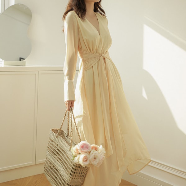 Long Bishop Sleeve Chiffon Maxi Dress - Wedding Guest Midi Dress - V Neck Silk Dress