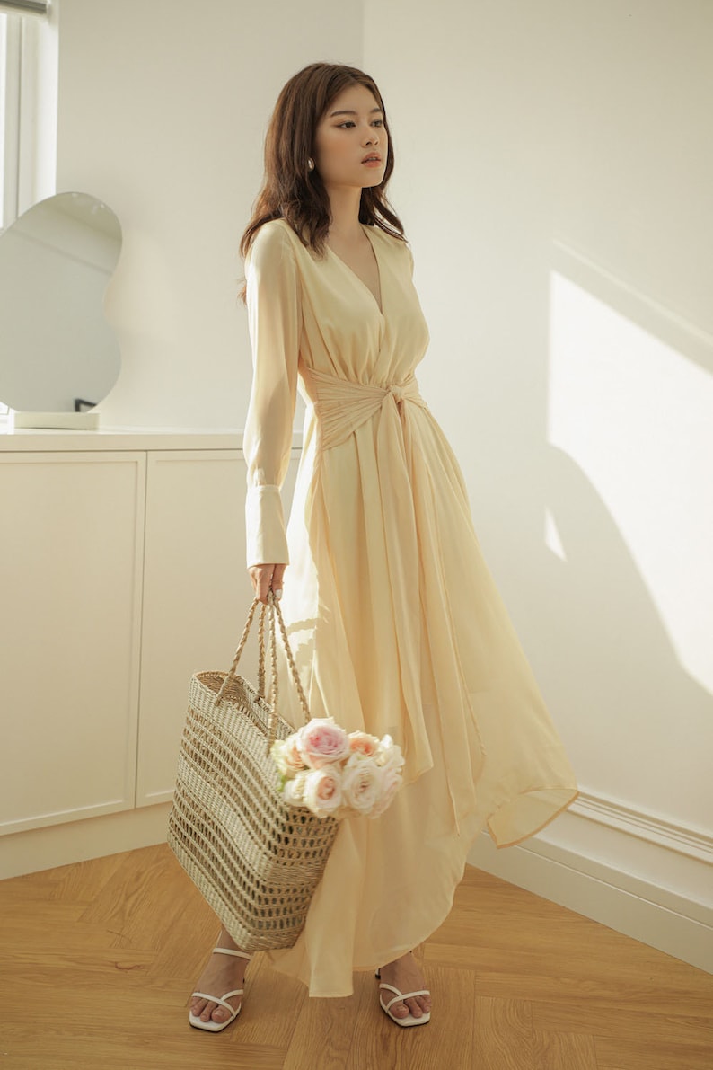 Robe longue mousseline de soie col V manches longues OceanaLinenHouse