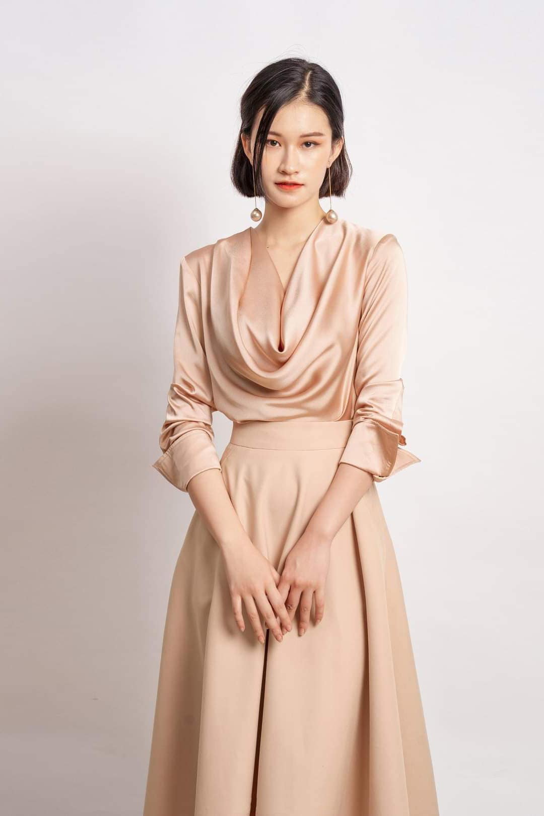Cowl Neck Silk Top - Long Sleeve Loose Silk Shirt - Oversize