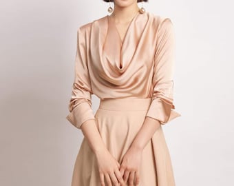 Oversized Silk Top - Long Sleeve Loose Silk Shirt - Oversize Linen Blouse with Cowl Neckline - Summer Silk Blouse