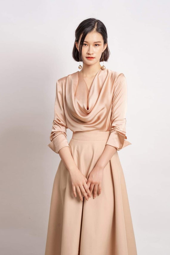Cowl Neck Silk Top - Long Sleeve Loose Silk Shirt - Oversize