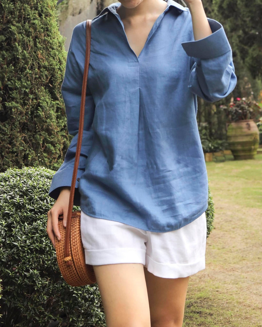 Bishop Sleeves Linen Shirt for Women - Loose Linen Blouse - V Neck ...