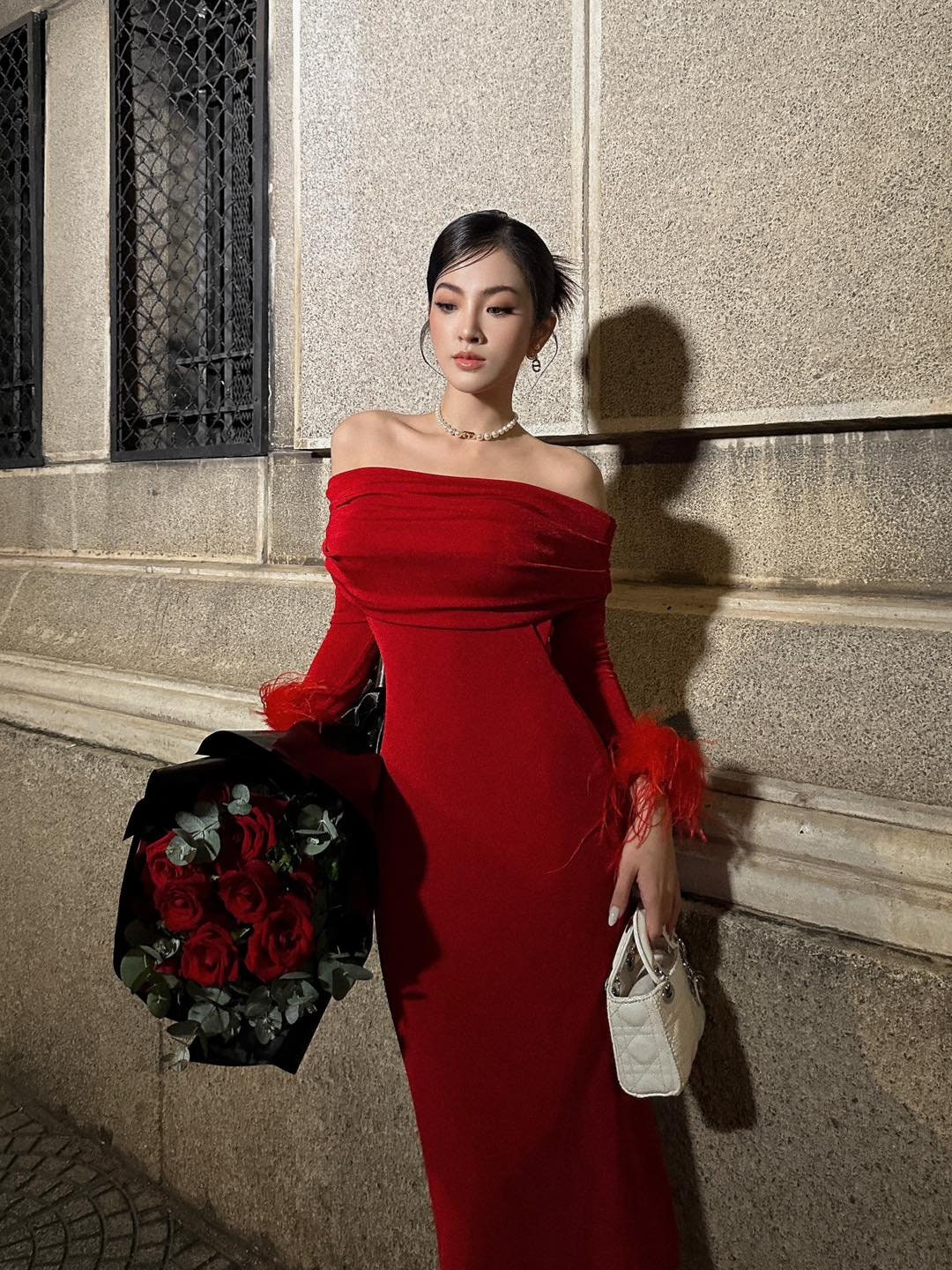 Date Dress off Shoulder Cotton Dress With Orchid Feather Sleeves - Main Image