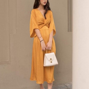 Twist Front Dress in Yellow - High Waist Silk Dress - Wedding Guest Dress - 3/4 Sleeve Dress - Evening Silk Dress - Beautiful Silk Dress