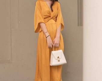 Twist Front Dress in Yellow - High Waist Silk Dress - Wedding Guest Dress - 3/4 Sleeve Dress - Evening Silk Dress - Beautiful Silk Dress