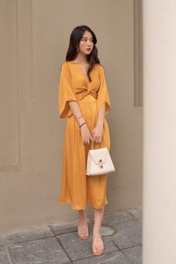 mustard yellow dress wedding guest mustard yellow dress for wedding guest Yellow Bridesmaid Wedding Guest Dress with Short Sleeves loveangeldress