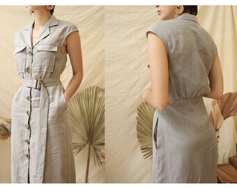 Linen Shirt Dress with Front Buttons - Linen Dress with Belt - Linen Dress with Notched Lapel