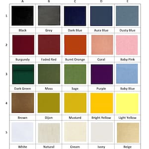 May include: A color chart with 25 fabric swatches in various colors, including black, grey, dark blue, burgundy, faded red, burnt orange, dark green, moss, sage, purple, brown, dijon, mustard, bright yellow, light yellow, white, natural, cream, ivory, and beige.