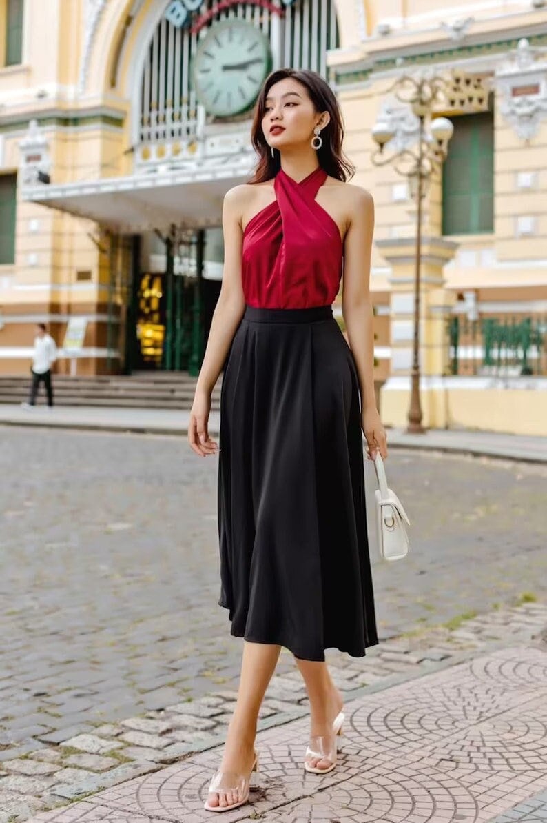 Halter Neck Top for Women - Short Sleeve Loose Silk Shirt - Romantic Silk Blouse - Summer Silk Blouse - Office Silk Blouse for Women