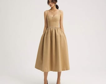 Fit Flare Linen Midi Dress With Sleeveless - A-line Linen Midi Dress with Pleated