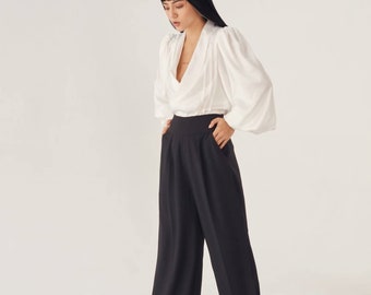 High Waisted Silk Pants in Black - Wide Leg Silk Pants - Women Silk Trousers - Women Silk Clothing