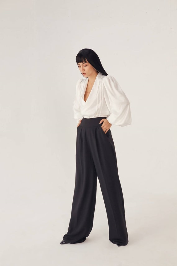 High Waisted Silk Pants in Black Wide Leg Silk Pants Women Silk Trousers  Women Silk Clothing 