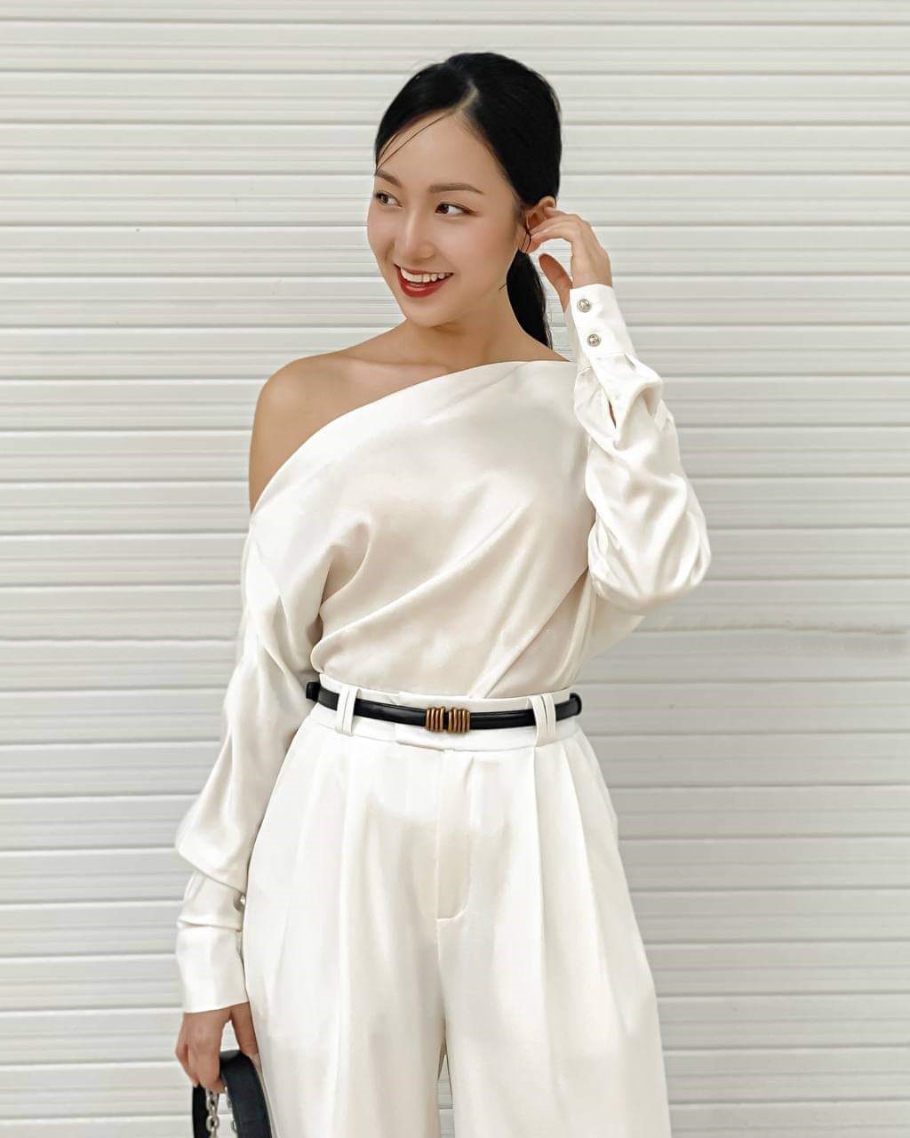One Shoulder Silk Top - Bishop Sleeve Loose Silk Shirt - Loose Silk Blouse - Summer Silk Blouse
