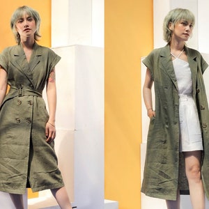 Women Linen Coat with Pockets - Linen Outerwear - Linen Trench Coat in Moss Color