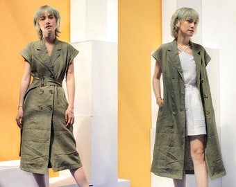 Women Linen Coat with Pockets - Linen Outerwear - Linen Trench Coat in Moss Color