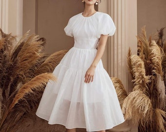 High Waist Midi Dress with Puff Sleeves and Open Back - Tiered A Line Dress in White
