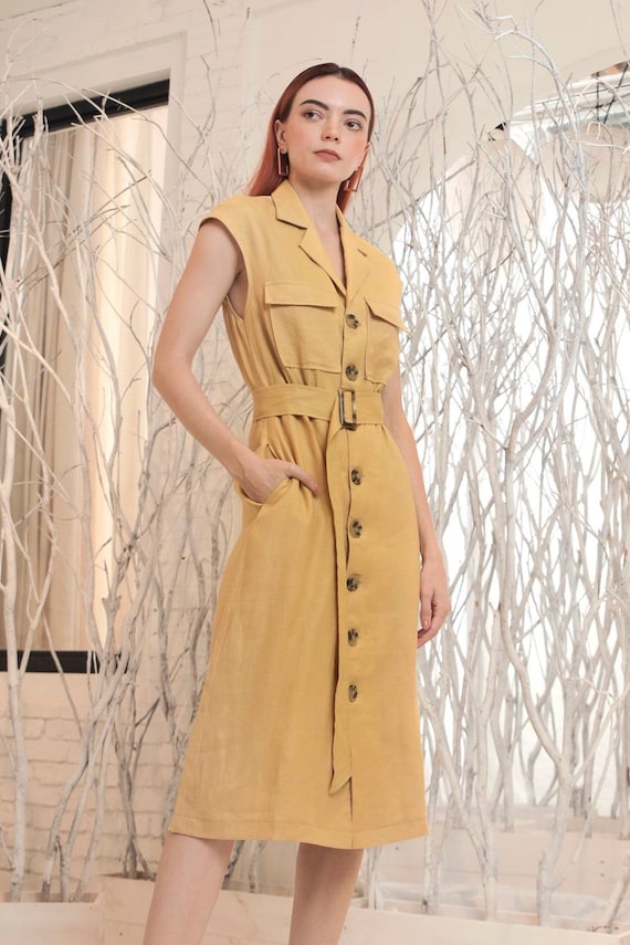 linen shift dress with short sleeves Beige Linen Shirt Dress – Vintage Summer Midi main image 0