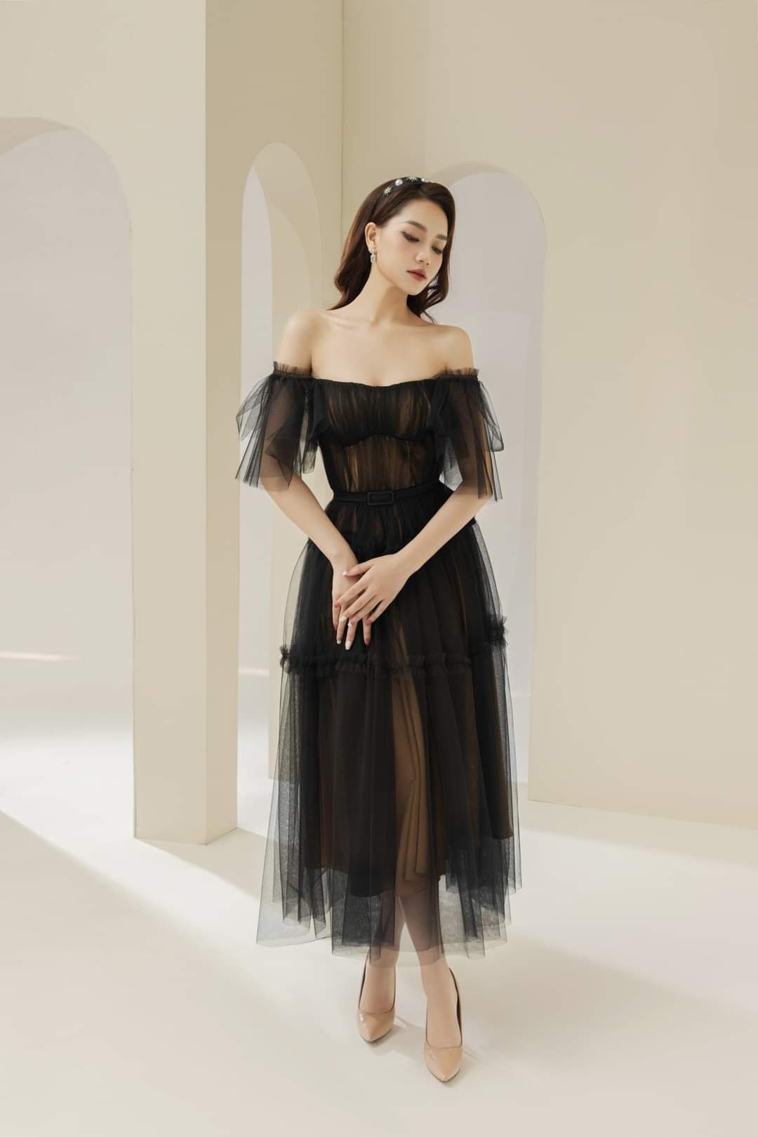 Elegant Off-Shoulder High-Waisted Midi Dress