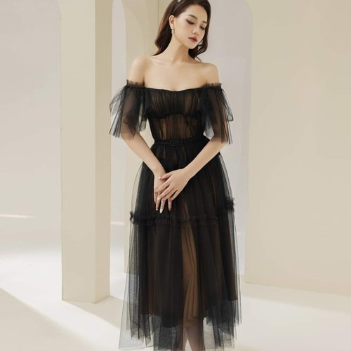 blush pink a line dress Mademoiselle Black Tulle Midi Dress – Petite Chérie