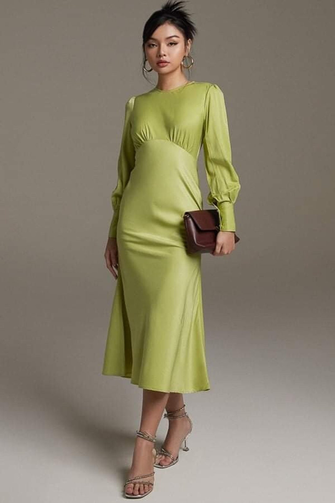 Long Sleeve Maxi Dress Empire Waist Silk Dress for Women Wedding