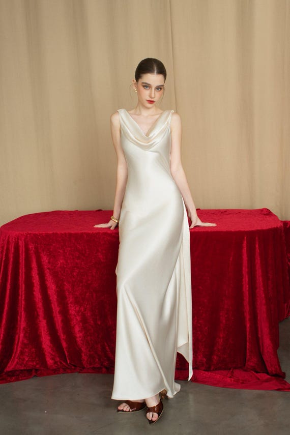 Silk Cowl Neck Wedding Dress, Minimalist Backless Bridal Gown, Elegant Slip Dress for Bride, Open Back Rehearsal Dinner Dress