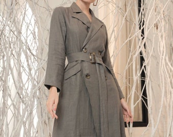 Linen Jacket - Linen Trench Coat - Linen Winter Coat - Women Duster Coat - Double Breasted Mid Length Coat - Tailored Women Coat - Handmade