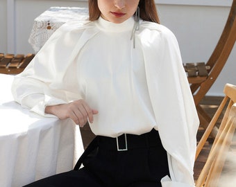 Blusa de graduación - Blusa de manga larga - Blusa de seda - Blusa de seda suelta - Blusa de oficina - Top de seda blanca Mujer regalo para ella