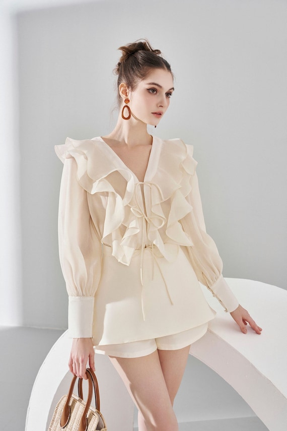 Ruffle Organza Shirt With Bishop Long Sleeves - Summer Organza Blouse -  Outfit Blouse for Women - Vintage Blouse for Women - Women's Top - Etsy  Canada