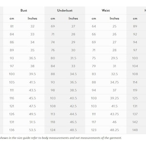 May include: Size chart for clothing with measurements in inches and centimeters. The chart includes sizes US 0-26 and measurements for bust, underbust, waist, and hip.
