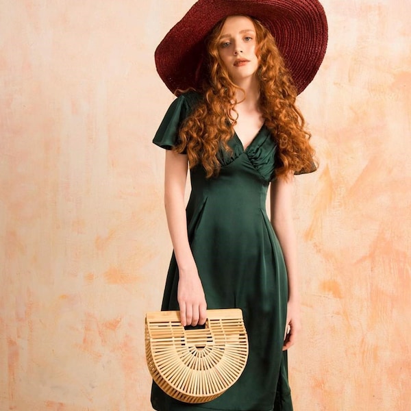 Kurzes Seiden Kleid mit Glockenärmeln - Empire Taille Midi Kleid - Abend Hohe Taille Langes Kleid - Hochzeitsgast Midi Kleid - V Ausschnitt Seidenkleid