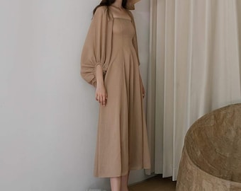 Puff Long Sleeves Linen Dress  - Square Neck Maxi Linen Dress - Loose Linen Long Dress - Fall Winter Linen Linen Dress Women
