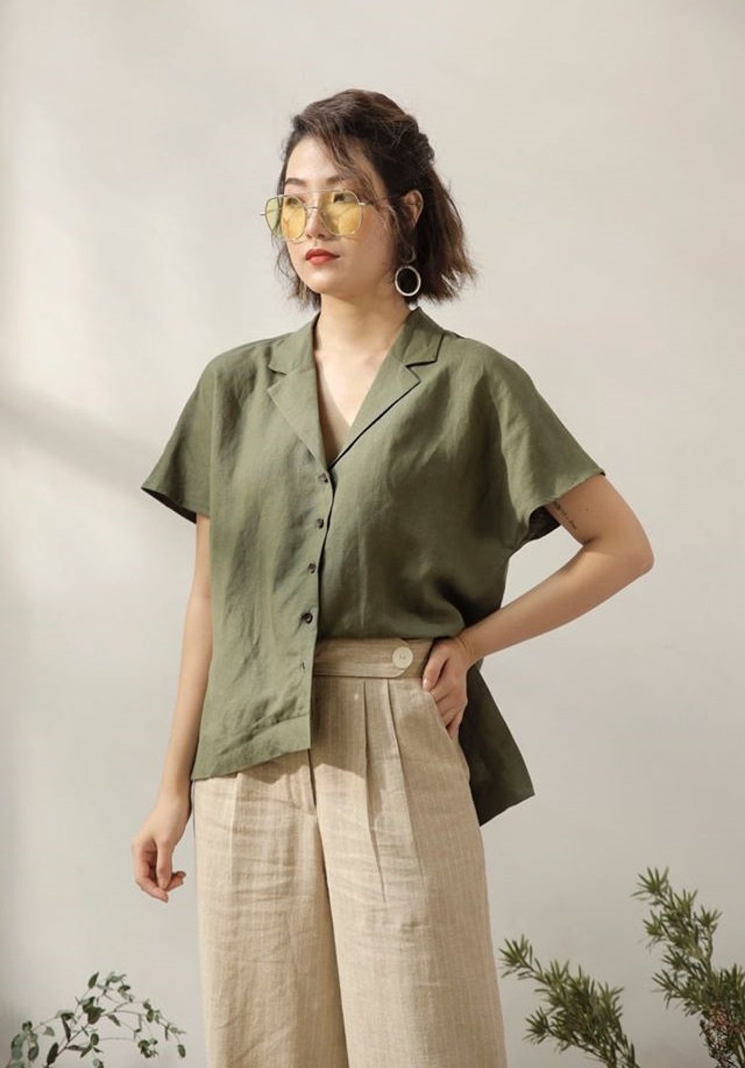 Short Sleeves Linen Blouse - Notched Collar Linen Women Work Shirt - Linen Set of 2