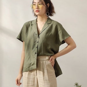 Short Sleeves Linen Blouse - Notched Collar Linen Women Work Shirt - Linen Set of 2