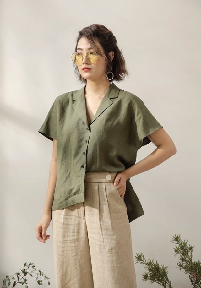 Short Sleeves Linen Blouse - Notched Collar Linen Women Work