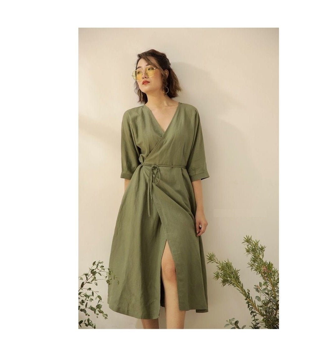 Loose Linen Wrap Dress - Half Sleeves in Moss